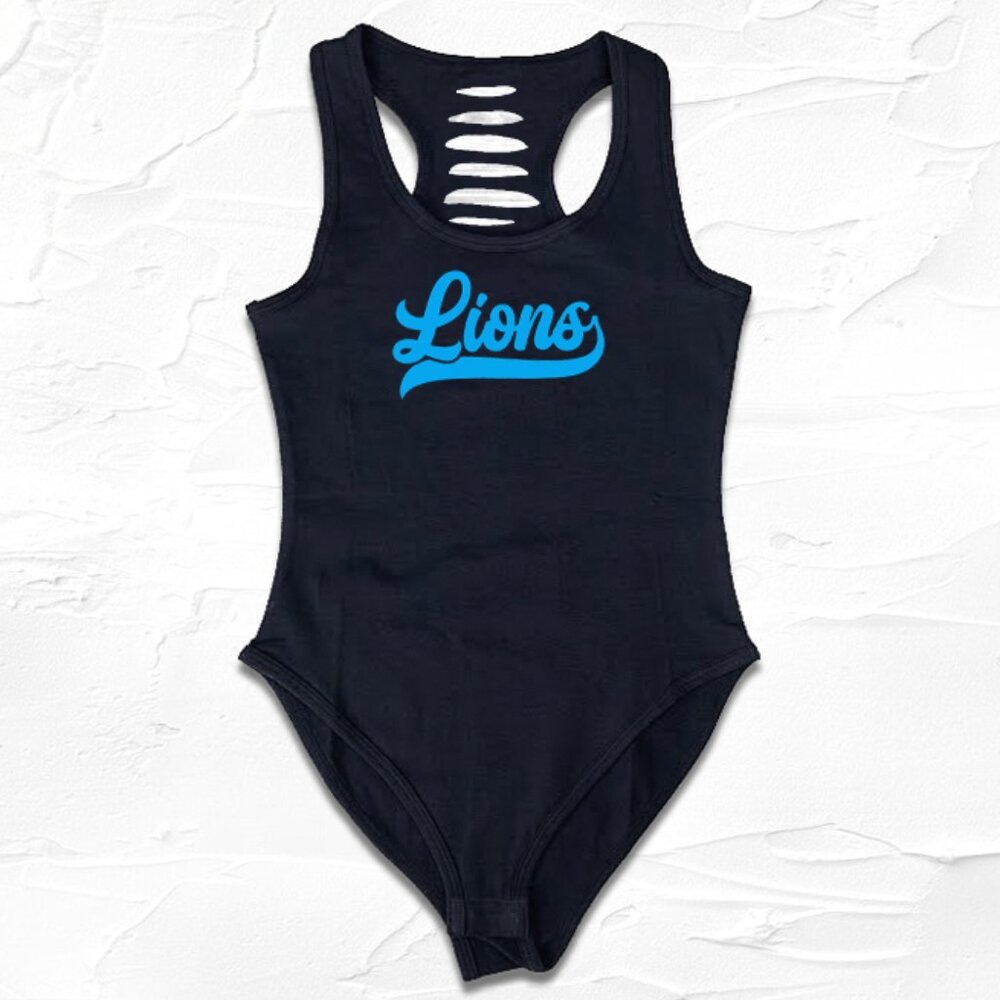 Womens Handmade Black/Blue Lions Bodysuit, Gameday Outfit ideas